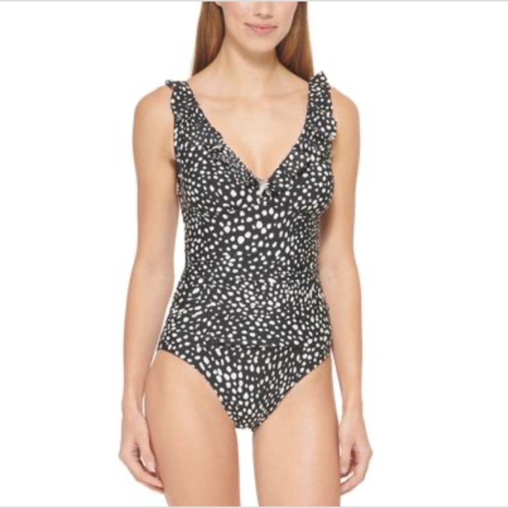 NWT Dkny Women's Printed Ruffled Tummy-Control One-Piece Swimsuit - Brushed Dots